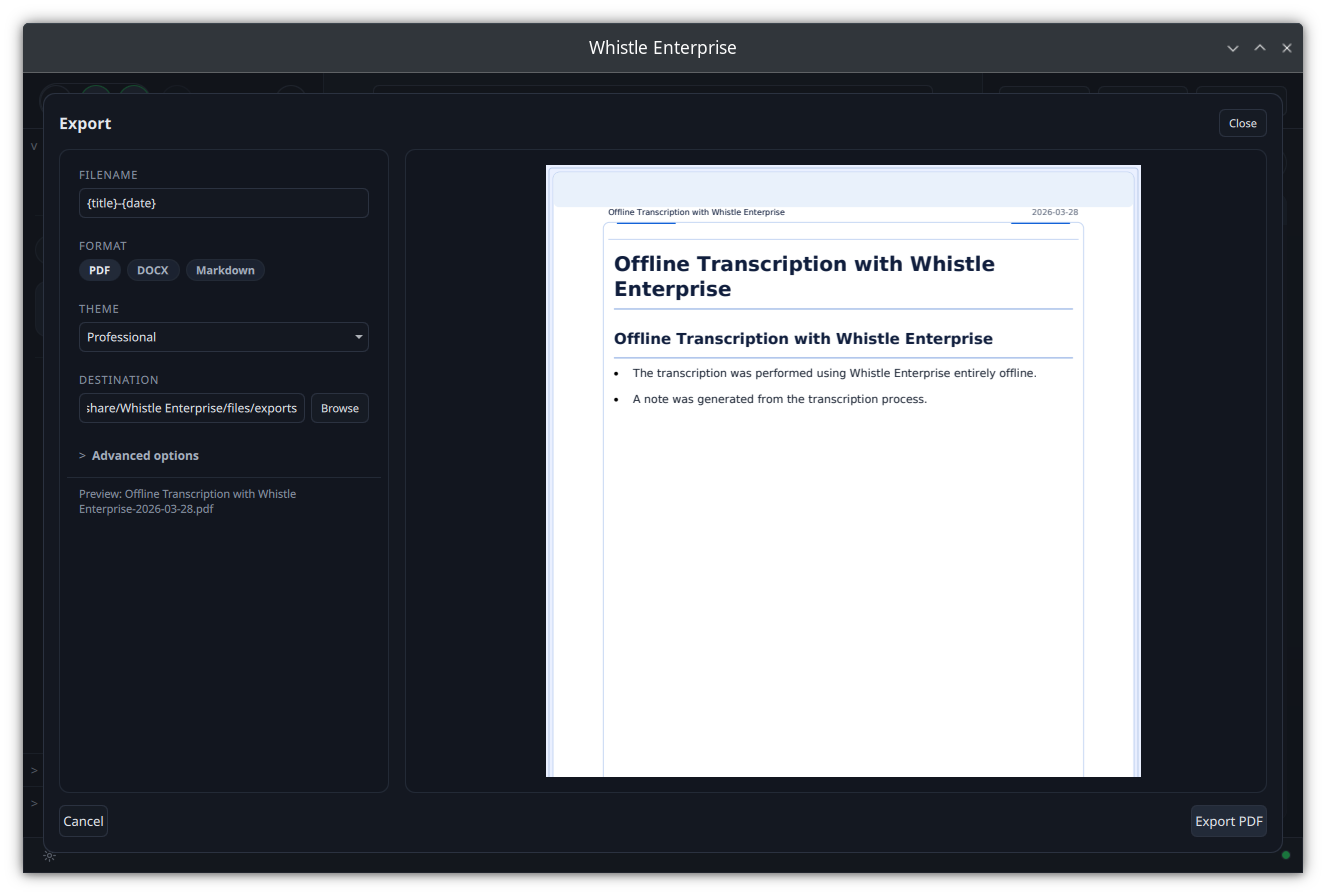 Exporting meeting notes to PDF from Whistle Enterprise with theme selection and preview