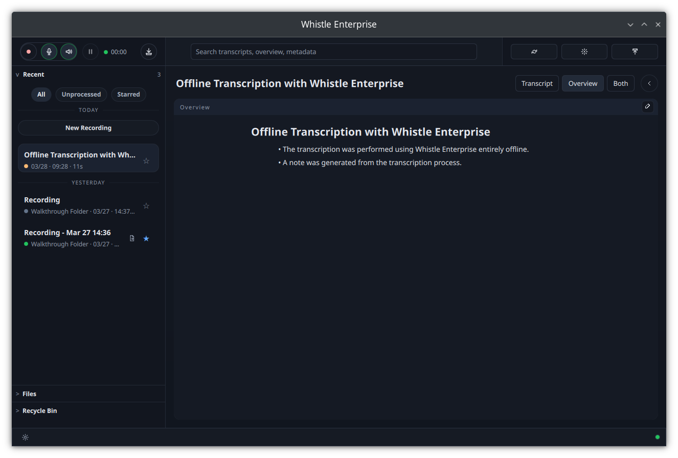 AI-generated meeting summary with key points and action items produced offline by Whistle Enterprise