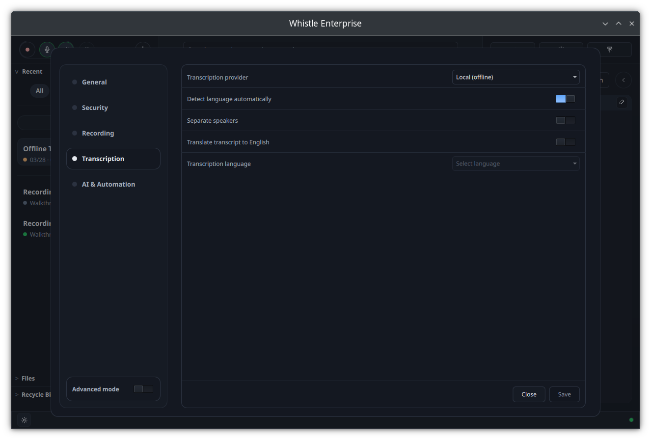 Whistle Enterprise settings showing local offline transcription with no internet connection required